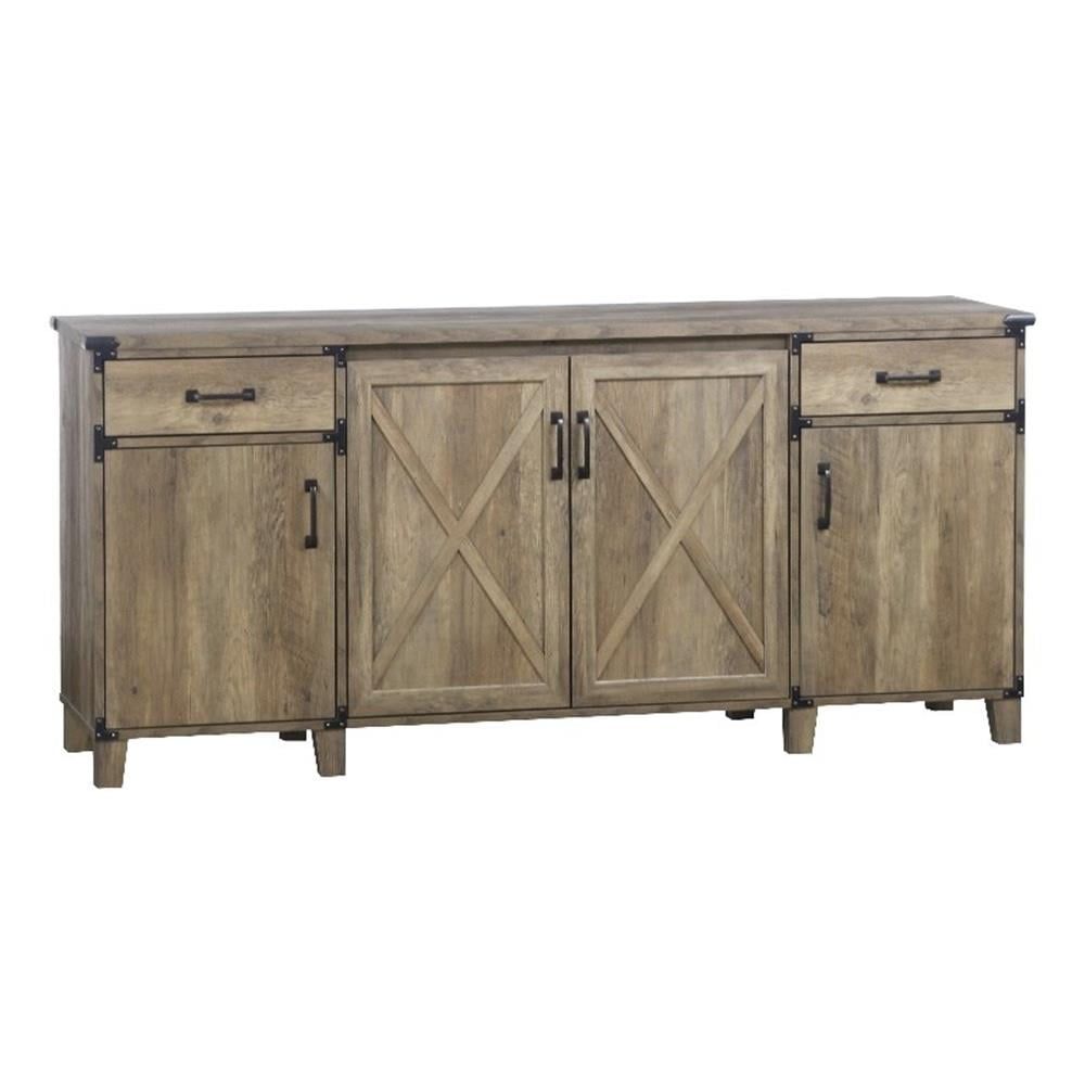 Pemberly Row 4-Door Engineered Wood Credenza File Cabinet In Rustic Oak ... pertaining to Sachin 4-Door Engineered Wood 79&quot; Tv Stand Distressed Pine