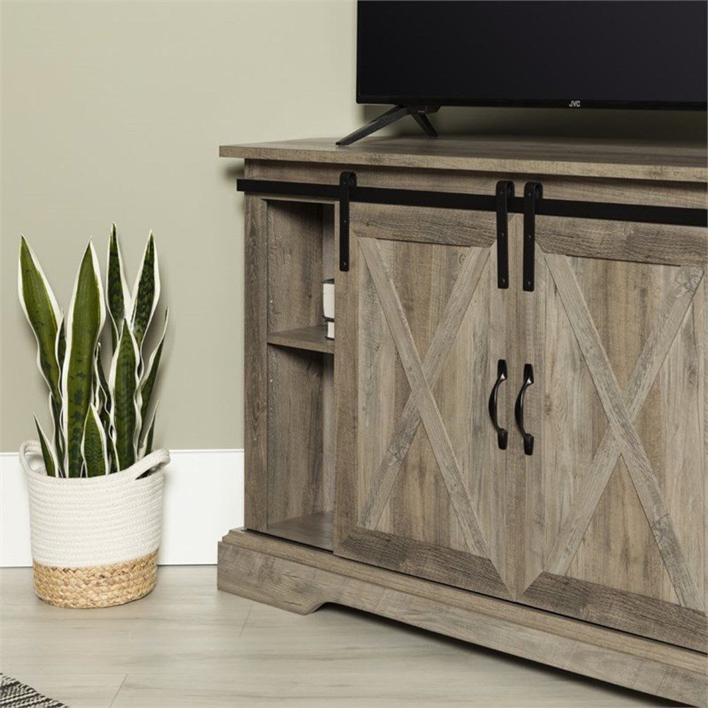 Pemberly Row Farmhouse Wood Corner Tv Stand For Tvs Up To 52&quot; In Gray ... intended for Optimizing Your Living Room with the Pemberly Row White Oak Corner TV Stand