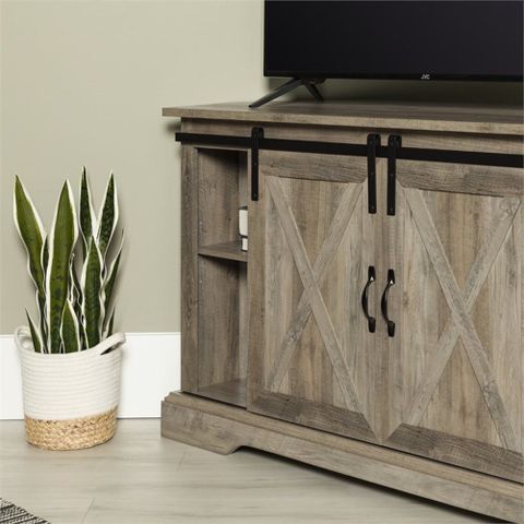 Pemberly Row Farmhouse Wood Corner Tv Stand For Tvs Up To 52" In Gray ... intended for Optimizing Your Living Room with the Pemberly Row White Oak Corner TV Stand