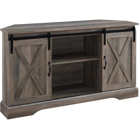 Pemberly Row Rustic Wooden Corner Tv Console With Sliding Doors For Tvs ... intended for Pemberly Row Traditional Wood Corner Tv Stand For Tvs Up To 52" In White Oak