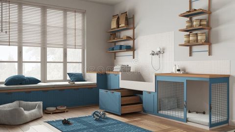 Pet Friendly Scandinavian Blue And Wooden Mudroom, Laundry Room, Space ... with A Laundry Room With Bunk Beds And A Shower For Muddy Dogs