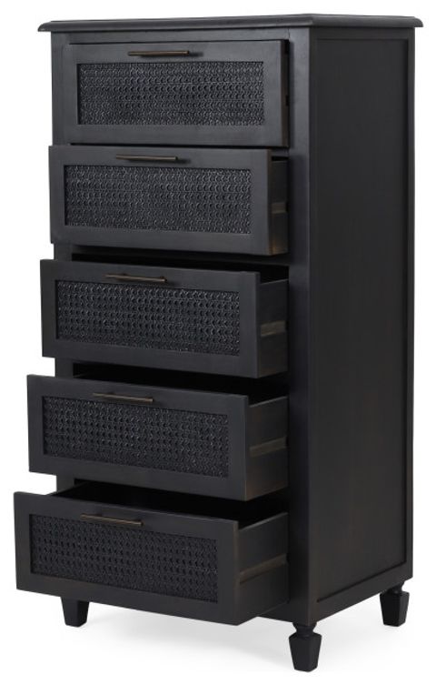 Pollards Rustic Acacia Wood And Cane 5 Drawer Dresser, Dark Gray ... regarding Styling Tips for Your Pollards Rustic Acacia Wood and Cane 3 Drawer Dresser