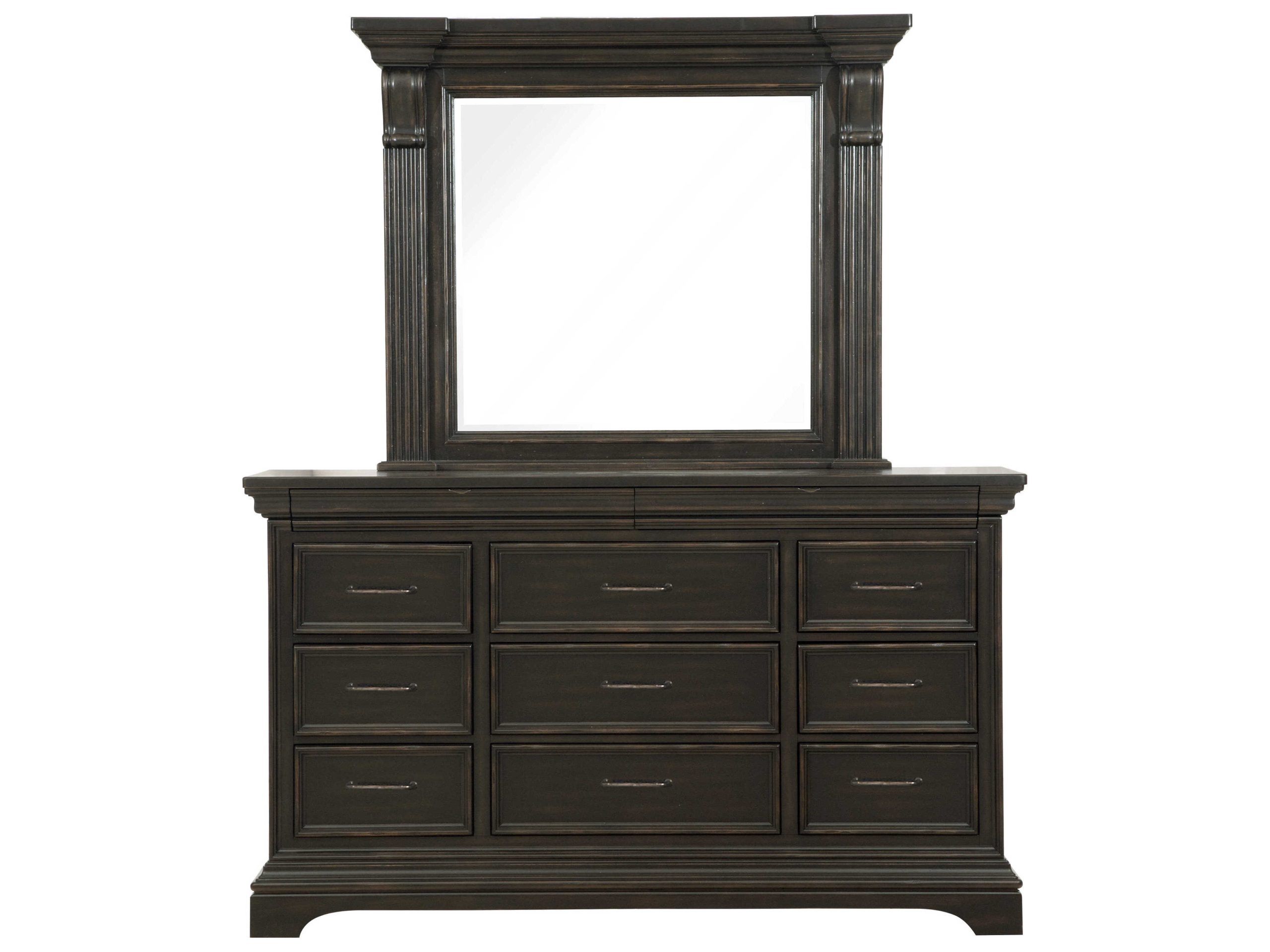 Pulaski Caldwell 9-Drawers Acacia Wood Dresser With Mirror | Pup012Brk7 regarding Pulaski Caldwell Dresser, Dark Wood