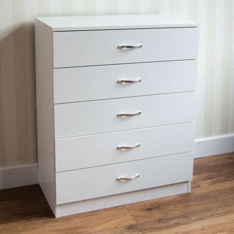 Riano Chest Of Drawers White 5 Drawer Metal Handles Runners Bedroom ... in Washington 5 Drawer Dresser With Metal Handles, White/ Light Oak