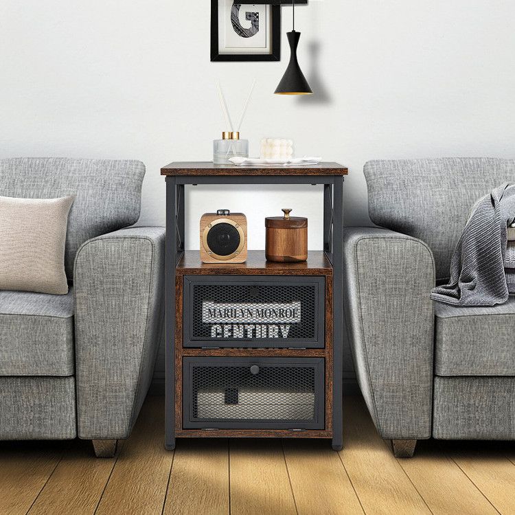 Set Of 2 Modern Nightstand With 2 Flip Drawers And Open Shelf - Costway throughout Set Of 2 Modern Nightstands With Metal Frame, Drawer, And Open Shelf