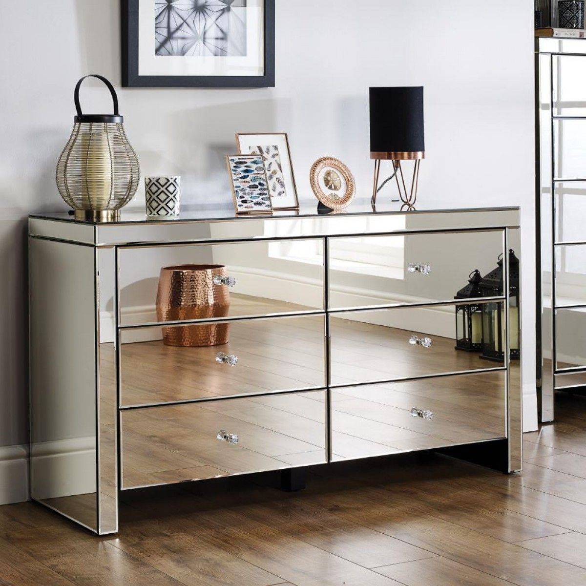 Seville Mirrored 6 Drawer Wide Chest intended for Exploring the Versatility of the Bailee 60&quot; Black Mirrored Chest