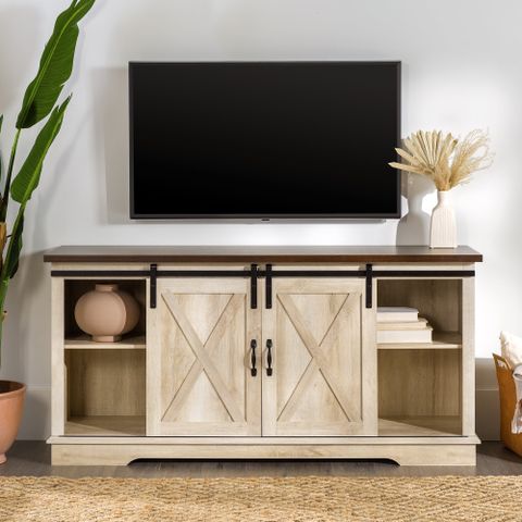 Sliding Farmhouse Barn Door Tv Stand, White Nepal | Ubuy pertaining to Understanding the Appeal of Glass Inserts in Modern Farmhouse Entertainment Centers