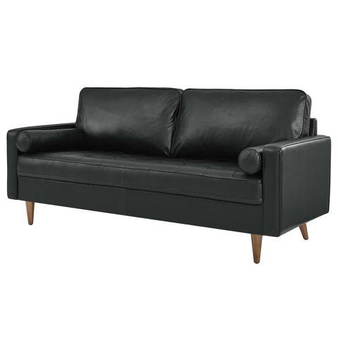 Sofa Couch, Black, Leather, Mid Century Living Lounge Cafe Lobby ... intended for How to Incorporate a Statement Black Leather Couch into Your Contemporary Living Space