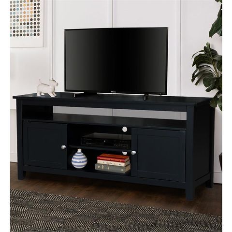Solid Wood Entertainment / Tv Stand With Open Shelves And 2 Doors In ... inside Designing Spaces That Transition: Black TV Stands with Open Shelves and Side Cabinets