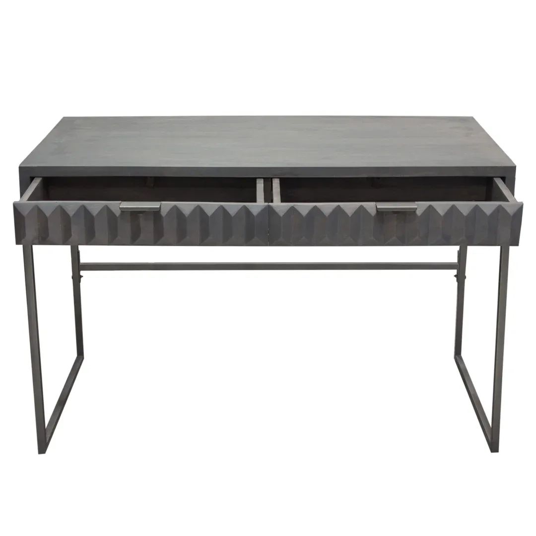 Spectrum 2-Drawer Solid Mango Wood Desk In Smoke Grey Finish W/ Gun ... with Spectrum 6-Drawer Solid Mango Wood Dresser, Smoke Gray, Gun Metal Finished Legs