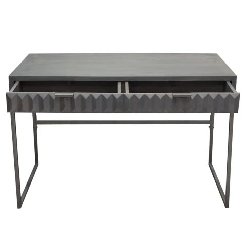 Spectrum 2-Drawer Solid Mango Wood Desk In Smoke Grey Finish W/ Gun ... with Spectrum 6-Drawer Solid Mango Wood Dresser, Smoke Gray, Gun Metal Finished Legs