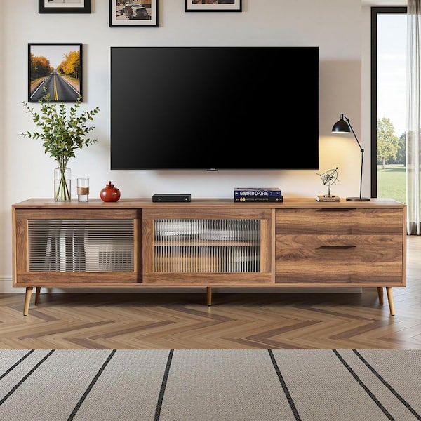 Spruce &amp; Spring Walnut Tv Stand Fits Tvs Up To 79 In. With 2-Drawers ... inside Caned Tv Stand, Drawer, Storage Doors Fits Tvs Up To 65&quot;, Cable Management, Oak