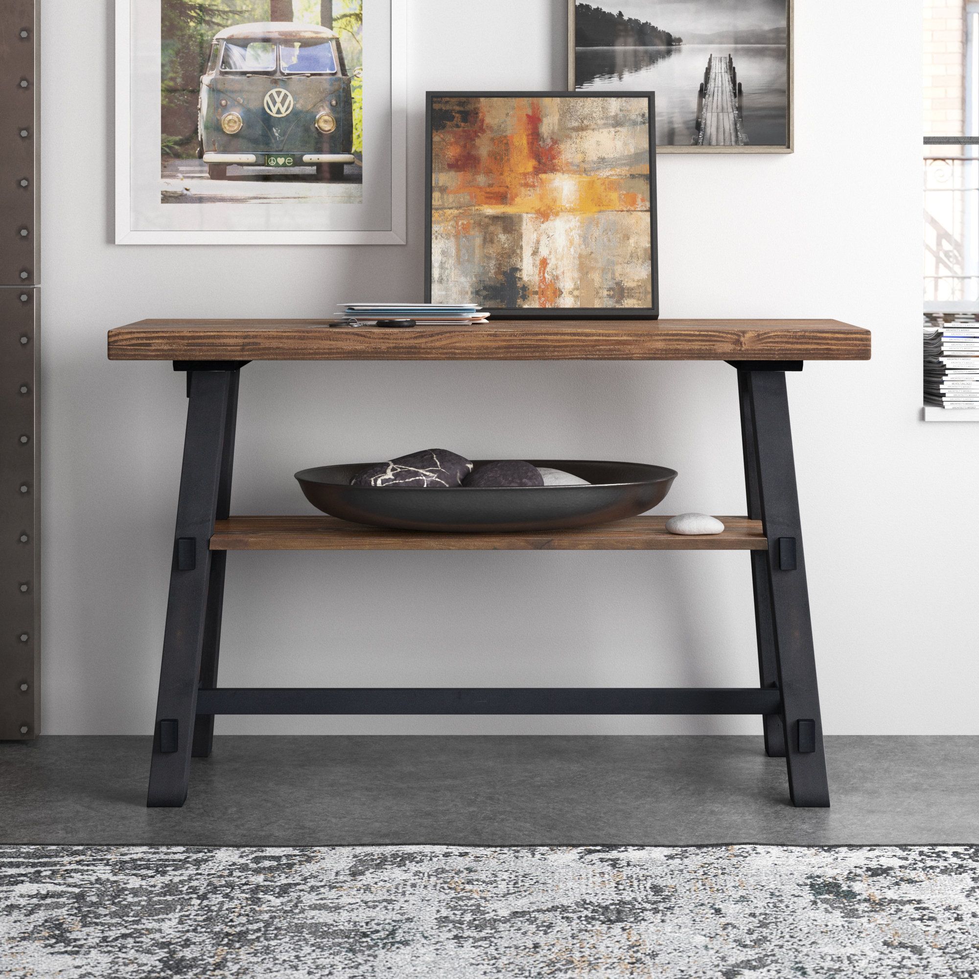 Steelside™ Adam 48&quot; Wide Rustic Industrial Solid Wood Rectangular Sofa ... pertaining to Stockbridge 36&quot;L Wood Sofa/Tv Console, Drawer