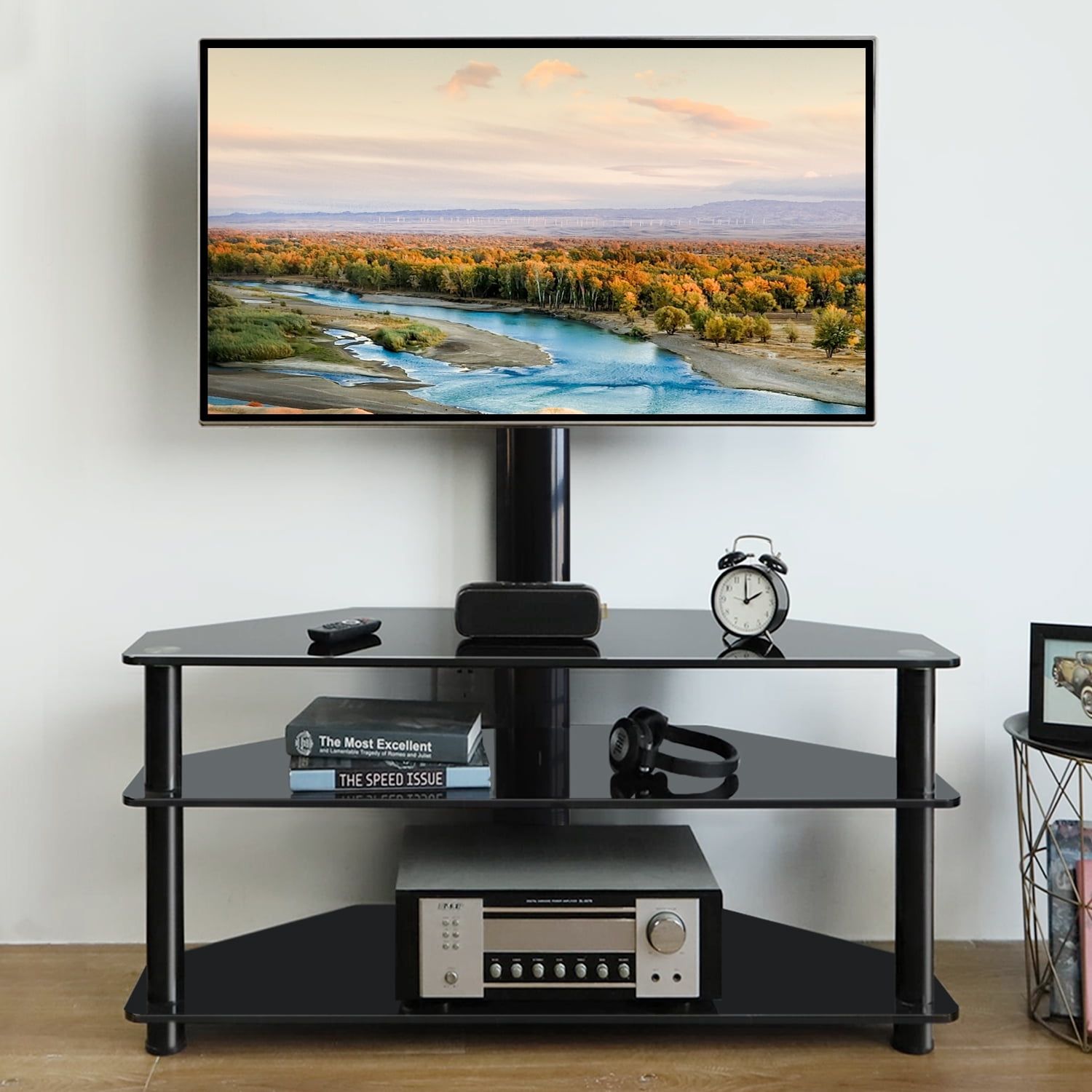 Tavr Modern Swivel Glass Tv Stand, Versatile 3-In-1 Floor Stand For ... with regard to Pemberly Row Modern Glass Tv Stand For Tvs Up To 35&quot; In Black