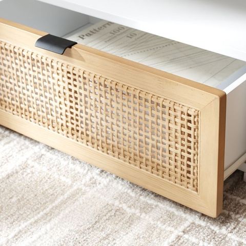 Theon 2 Drawer Media Stand With Woven Rattan Panels – Stylish Storage ... throughout Safavieh Theon 2 Drawer Media Stand, Black