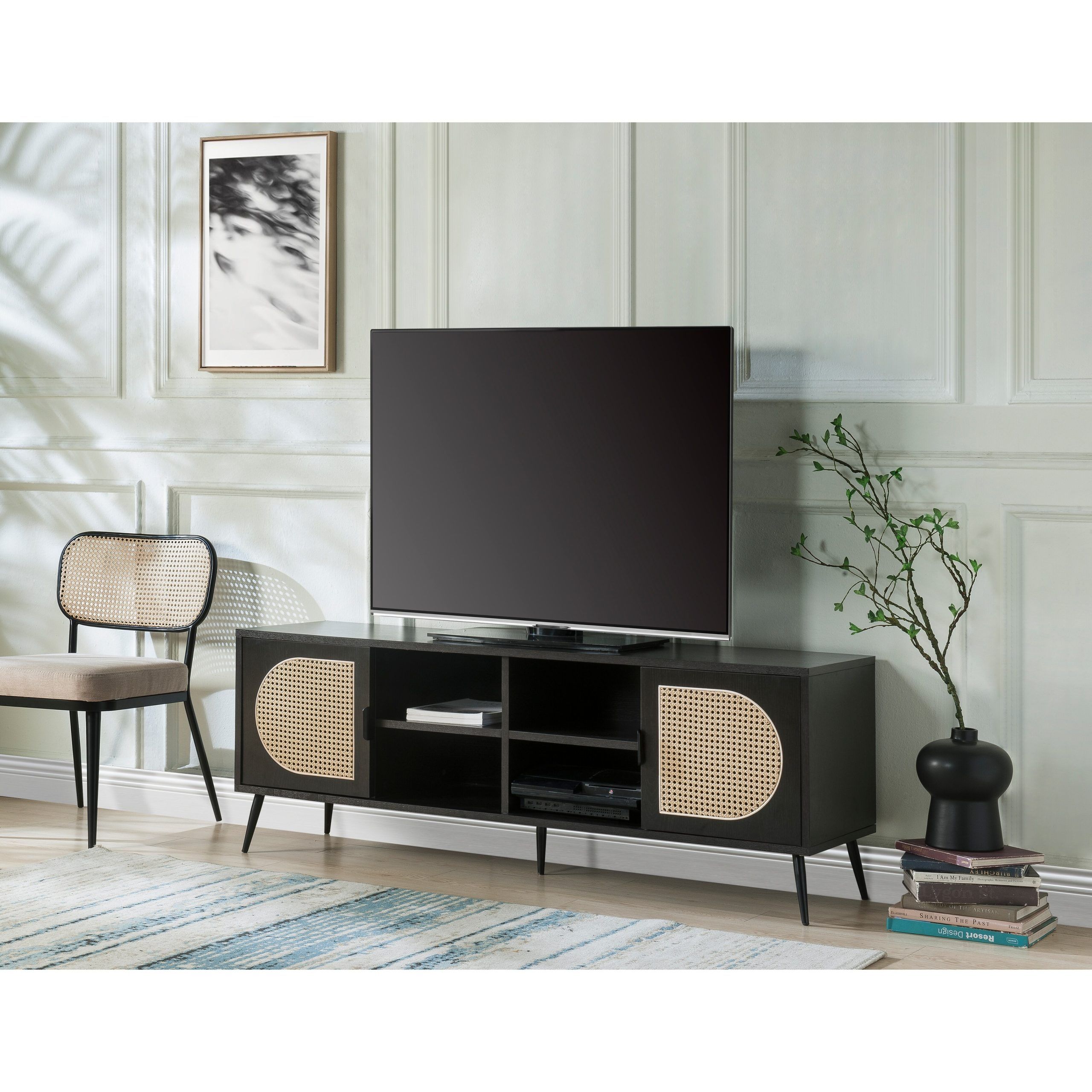 Transitional Black Tv Stand With Rattan Door Inserts, 4 Open ... in Transitional Black Tv Stand, Open Shelves &amp; Side Cabinets With Doors