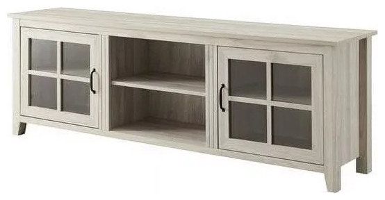 Transitional Tv Stand, Modern Farmhouse Design, Glass Doors, Open Shelf ... regarding Beyond the Basics: Mastering Glass Doors and Open Shelf Integration in Contemporary Spaces