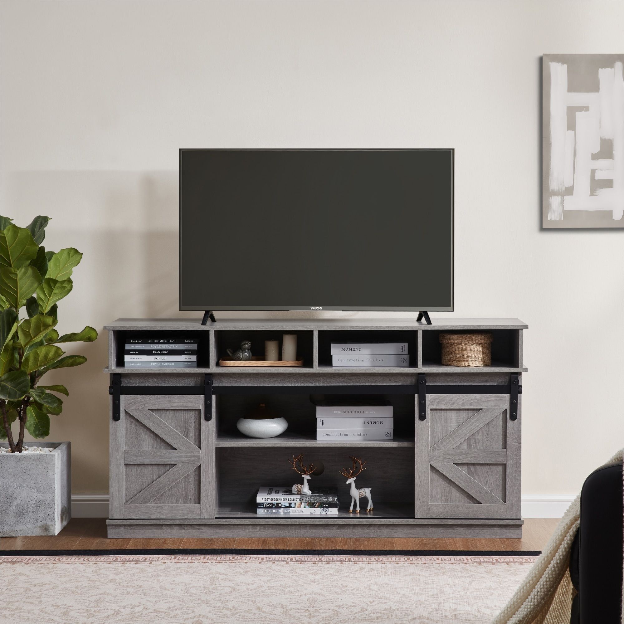Tv Stand Sliding Barn Door Modern&amp;Farmhouse Wood Entertainment Center ... with regard to Understanding the Appeal of Glass Inserts in Modern Farmhouse Entertainment Centers