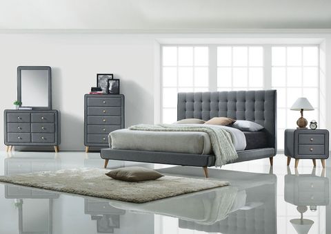 Valda Gray Upholstered Queen Bed W/Dresser And Mirror Jerusalem ... throughout Valda Upholstered Chest, Light Gray Fabric