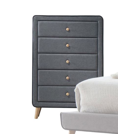 Valda Light Gray Fabric 5-Drawer Chest throughout Insights from an Expert on Choosing the Right Upholstered Chest Valda's Light Gray Option