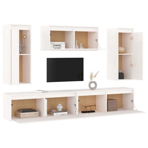 Vidaxl Tv Cabinets 5 Pcs White Solid Wood Pine | Vidaxl.com.au with Vidaxl Tv Stand Tv Unit With Storage Media Unit Hamar White Solid Wood Pine