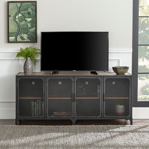 Walker Edison Industrial Mesh Metal Tv Stand Cabinet For Most Flat ... pertaining to Farmhouse Tv Console, Open Shelf And Industrial Metal Mesh Door, Grey Wash