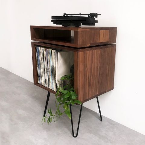 Walnut Record Player Stand, Premium Solid Wood Vinyl Storage On Mid ... throughout Integrating Your Vinyl and TV Experience with Thoughtful Furniture Design