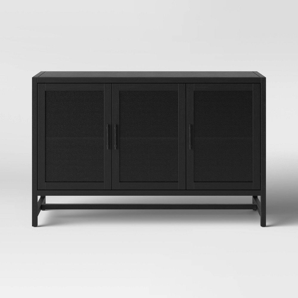 Warwick 3 Door Accent Tv Stand For Tvs Up To 59&quot; Stand Black ... with Designing Spaces That Transition: Black TV Stands with Open Shelves and Side Cabinets