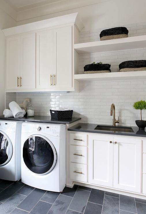Well Appointed White And Dark Gray Laundry Room Is Equipped With A ... inside New This Week: 3 Well-Appointed Laundry Rooms, Small To Large