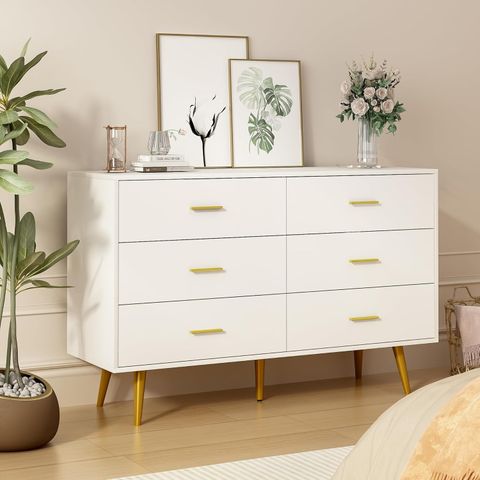 White Dresser For Bedroom, 6 Drawer Wood Dresser With Golden Handles ... inside Modern High Chest Dresser With Goove Handles, White