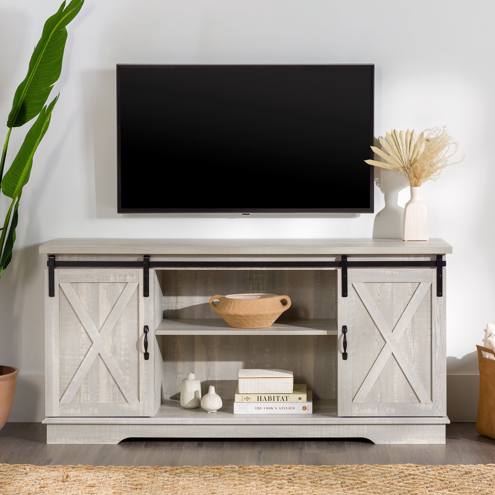 Woven Paths Sliding Farmhouse Barn Door Tv Stand For Tvs Up To 65 ... within Farmhouse Tv Stand With Sliding X-Pattern Doors &amp; Glass Inserts