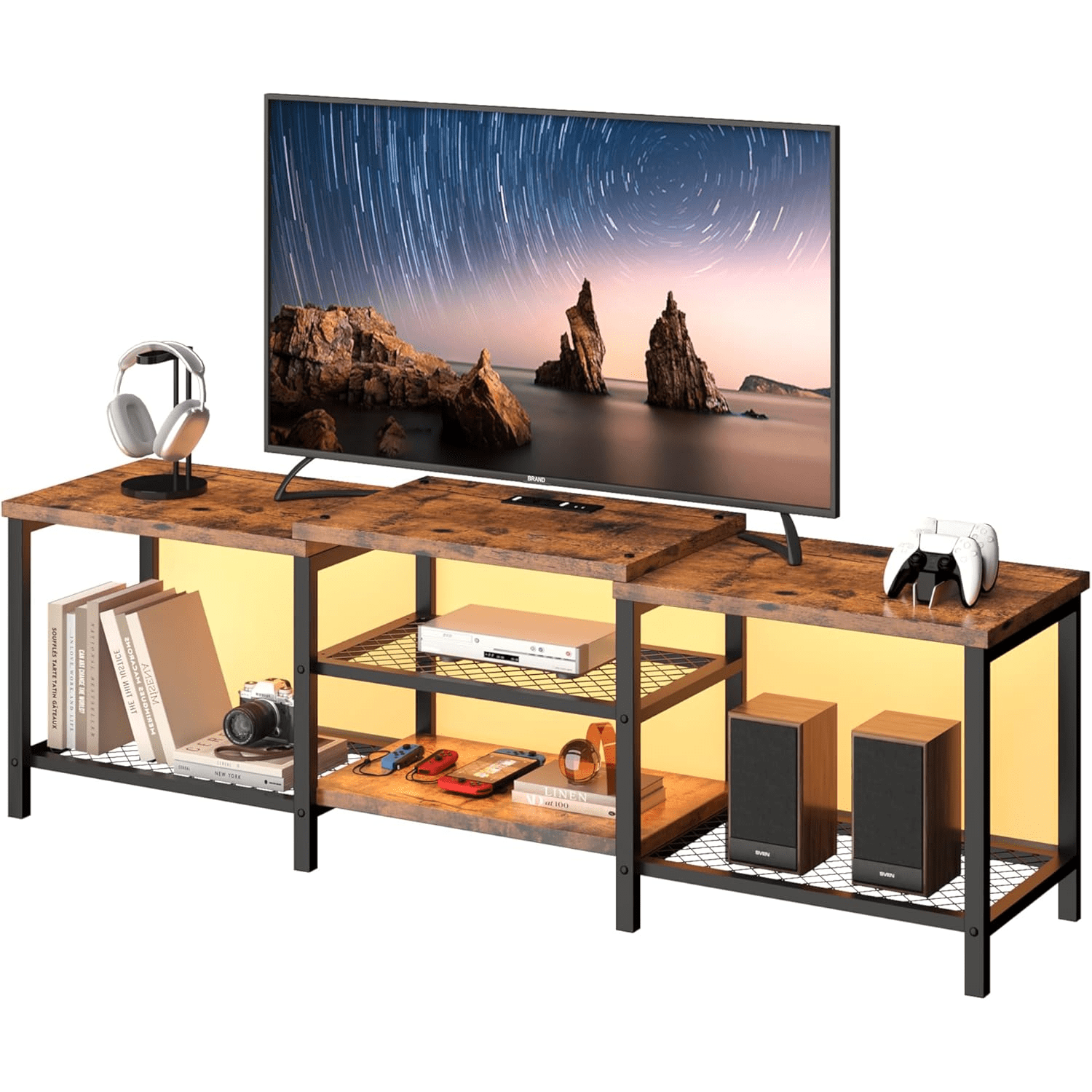 67&quot;Tv Stand With Led Lights,Entertainment Center For Tv Up To 75 Inch ... in 67&quot; Tv Stand For Tv Up To 75&quot;, With Led Lights Change To Melody Of Music, Black