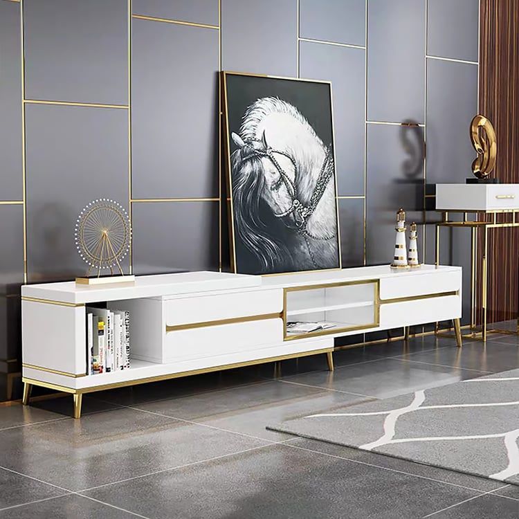 73&quot; White &amp; Gold Tv Stand Media Console Extendable With 4 Drawers Up To ... in Why Paramount White and Gold TV Stands Are Becoming Essential Furniture Pieces