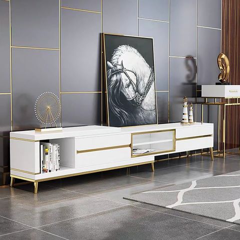 73" White & Gold Tv Stand Media Console Extendable With 4 Drawers Up To ... in Why Paramount White and Gold TV Stands Are Becoming Essential Furniture Pieces