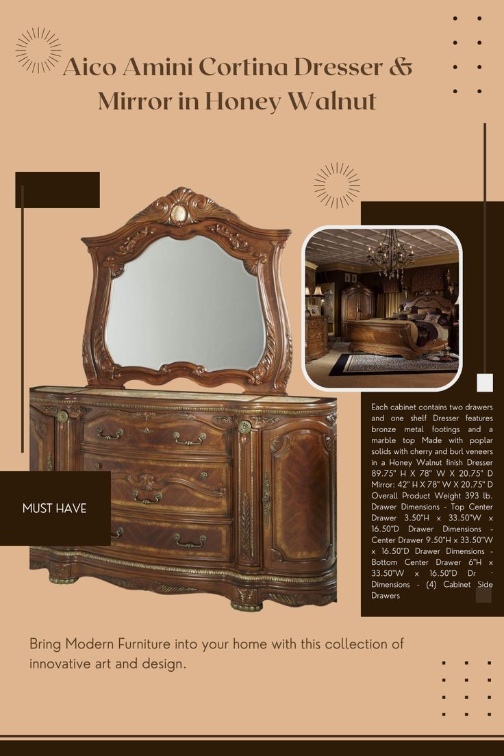 Aico Amini Cortina Dresser &amp; Mirror In Honey Walnut In 2024 | Honey ... regarding Cortina Dresser and Mirror Set - Honey Walnut
