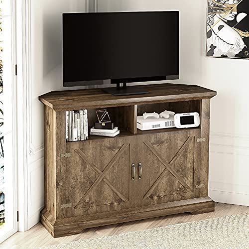Allewie Modern Farmhouse Wood Corner Tv Stand With Barn Doors For Tv's ... in Choosing the Right Materials for Durable and Stylish Corner Entertainment Units