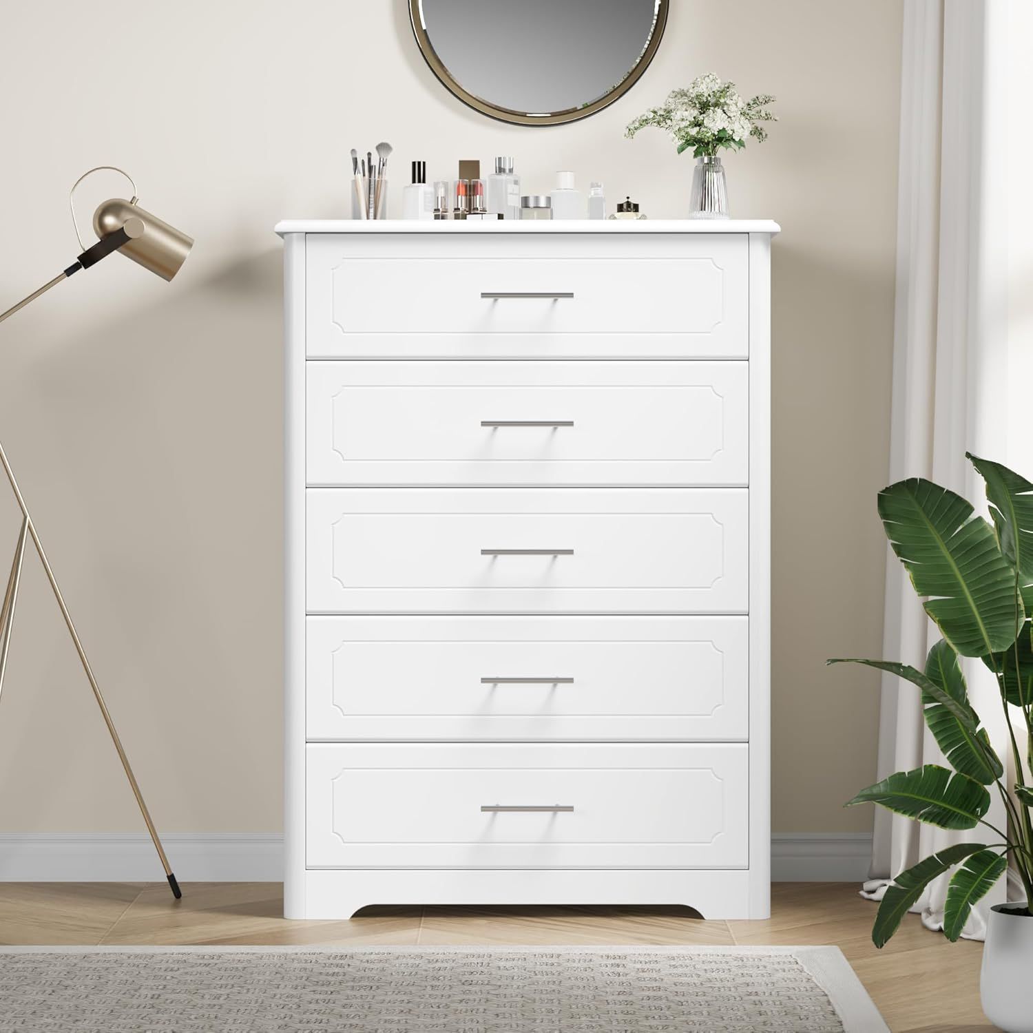 Amazon.com: Hostack 5 Drawer Dresser, Tall White Dresser Chest Of ... within The art of choosing the perfect pearl white 5-drawer chest for your home