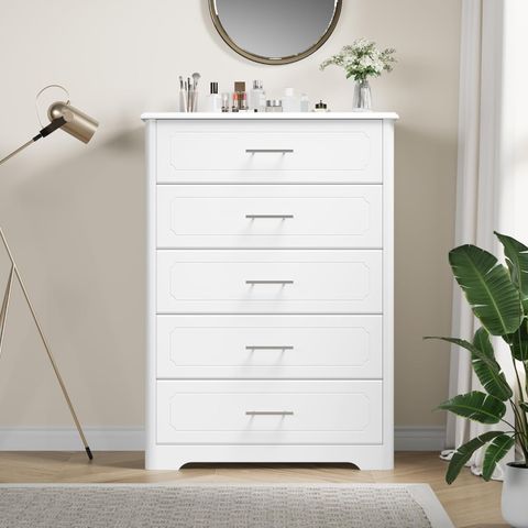 Amazon.com: Hostack 5 Drawer Dresser, Tall White Dresser Chest Of ... within The art of choosing the perfect pearl white 5-drawer chest for your home