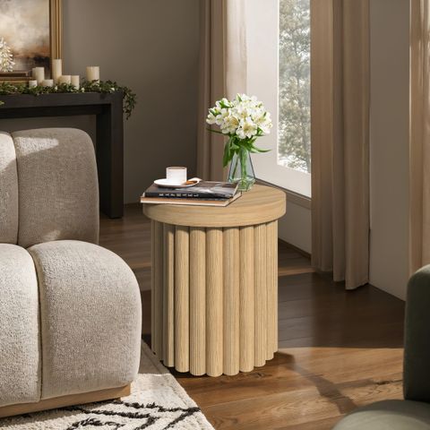 Amazon.com: Luxenhome Wood Round Side Table, 19" Fluted Small End Table ... within Drawer Mirrored Transitional Elegant