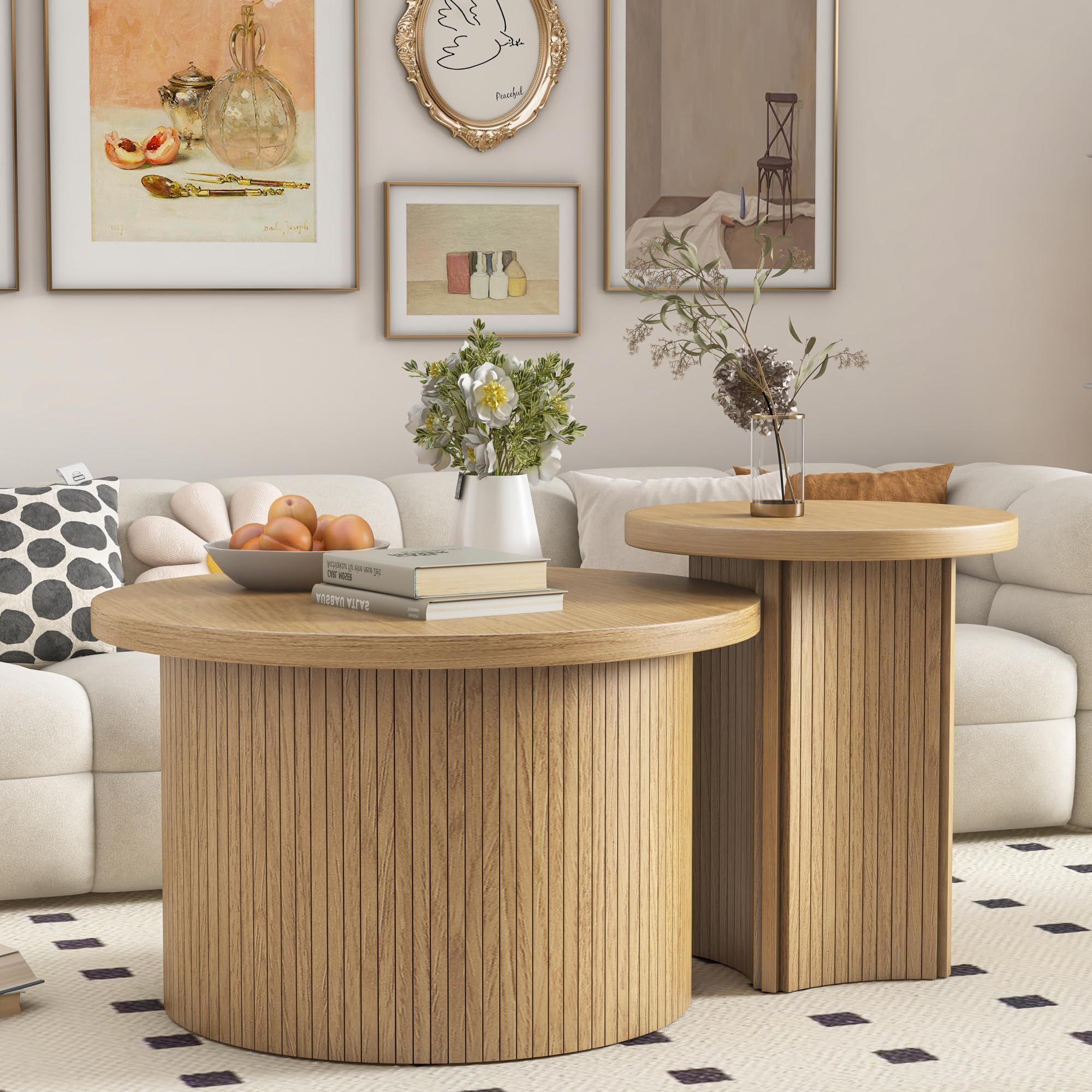 Amazon.com: Round Fluted Nesting Coffee Table - 2 Piece Coffee Table ... intended for Classic Round Light Wood Accent Table
