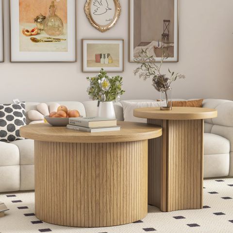Amazon.com: Round Fluted Nesting Coffee Table - 2 Piece Coffee Table ... intended for Classic Round Light Wood Accent Table