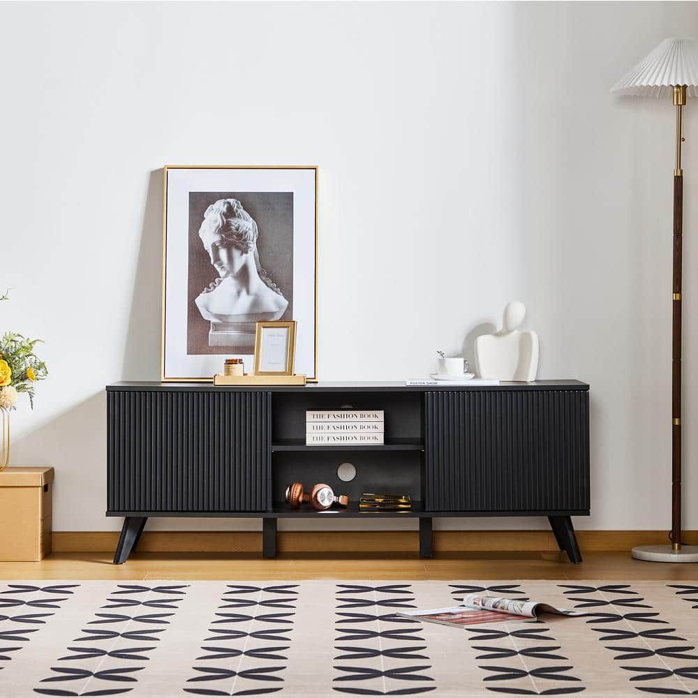 Athmile Black Wooden 58 In. Tv Stand With Storage For Tv Up To 65 In ... with 65&quot;H Modern Style Tv Stand With Adjustable Shelves And Cable Holes, Black