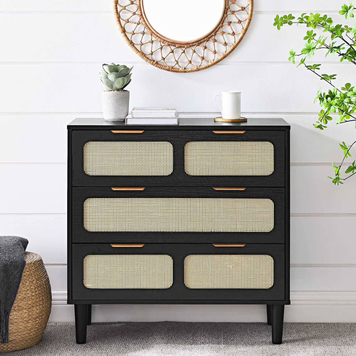 Bay Isle Home™ Fiqueroa 5 Drawer Accent Cabinet Chest With Rattan ... with Stone-Textured 5 Drawer Accent Cabinet With Doors
