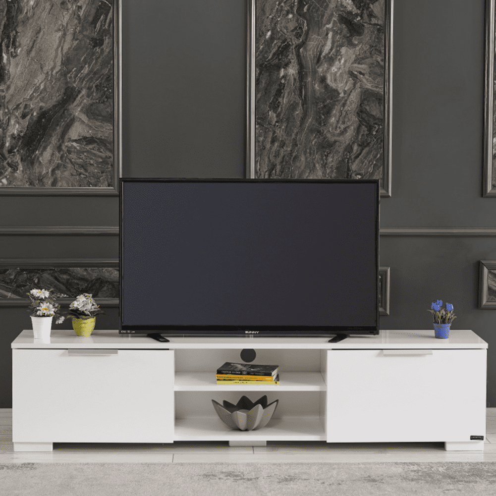 Cfowner Mid Century Modern 2 Door Wood Shelf Tv Stand For Tvs Up To 75 ... inside Hollis 2-Door Wood 67&quot; Tv Stand With Drawer Brown And White