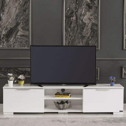 Cfowner Mid Century Modern 2 Door Wood Shelf Tv Stand For Tvs Up To 75 ... inside Hollis 2-Door Wood 67" Tv Stand With Drawer Brown And White