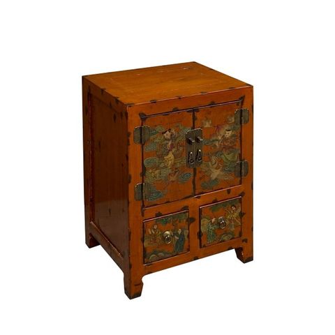 Chinese Distressed Orange People Graphic End Table Nightstand | Chairish regarding Choosing the Right Chinese Distressed Light Gray Metal Hardware End Table Nightstand Hcs3917 for Your Space