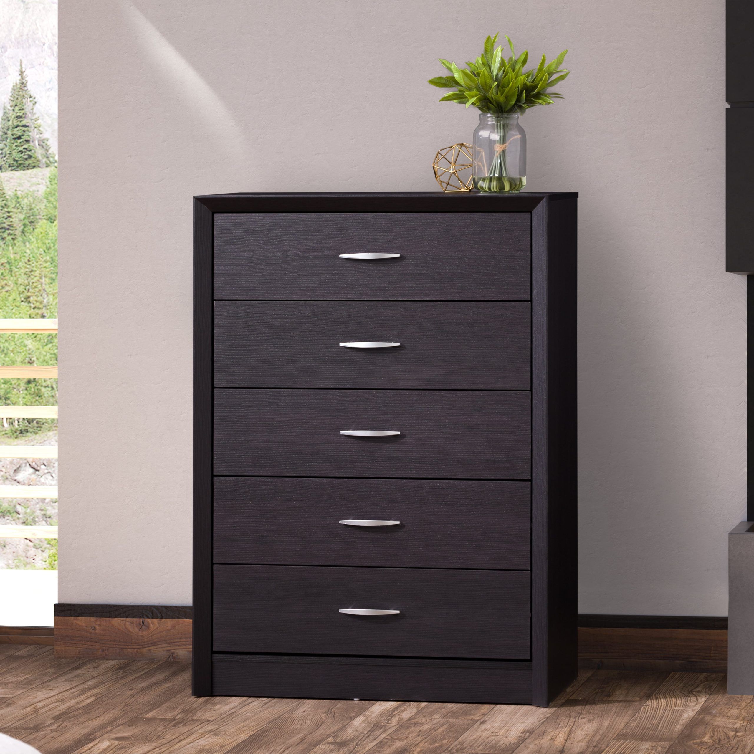 Corliving Newport Black Faux Wood Tall 5-Drawer Tip Resistant Dresser ... within Corliving Boston 6 Drawer Dresser, Black