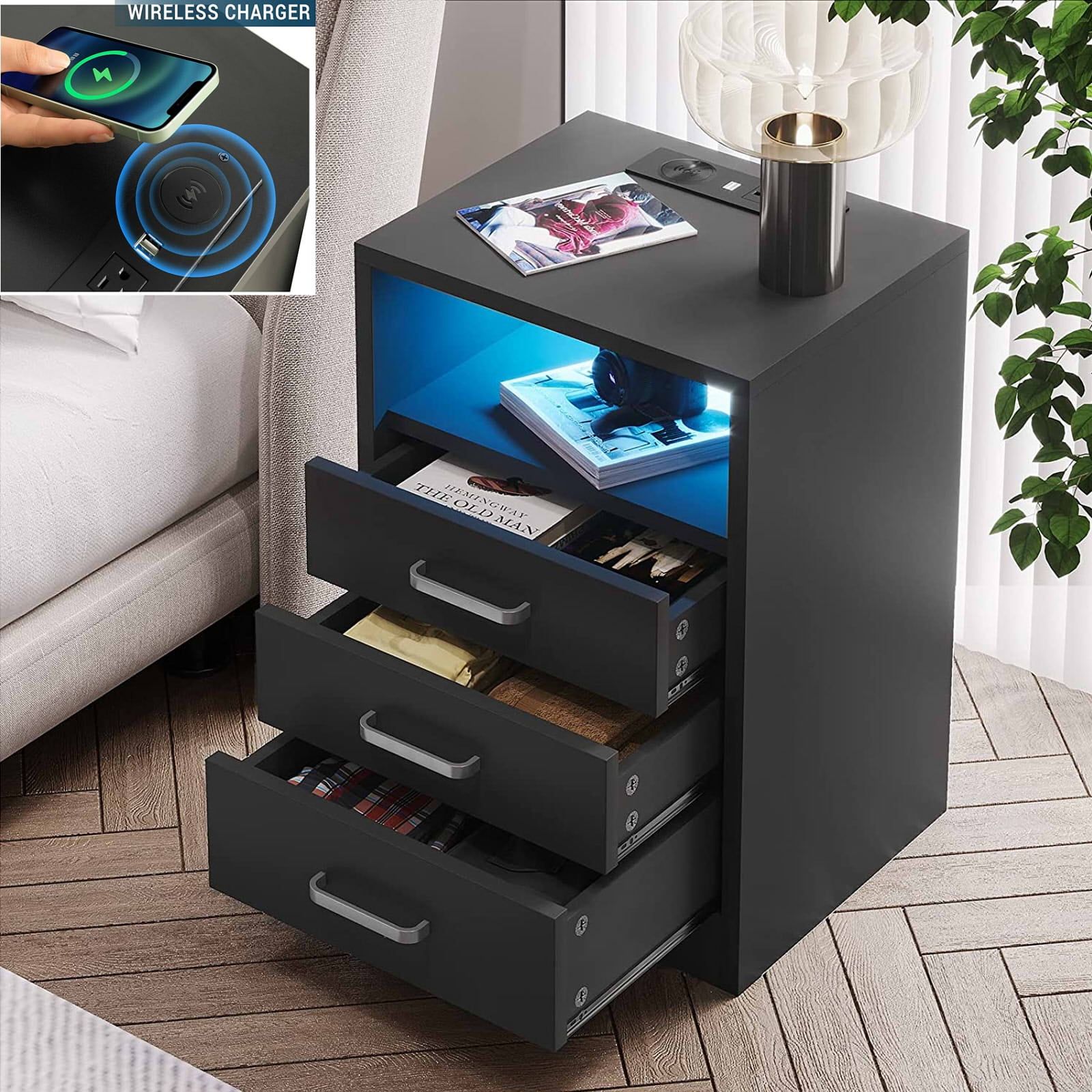 Dorm Nightstand With Charging Station At Louise Mcmakin Blog with regard to Gdf Studio 4-Drawer Storage Tv Stand, Led Lighting &amp; Charging Ports, Black