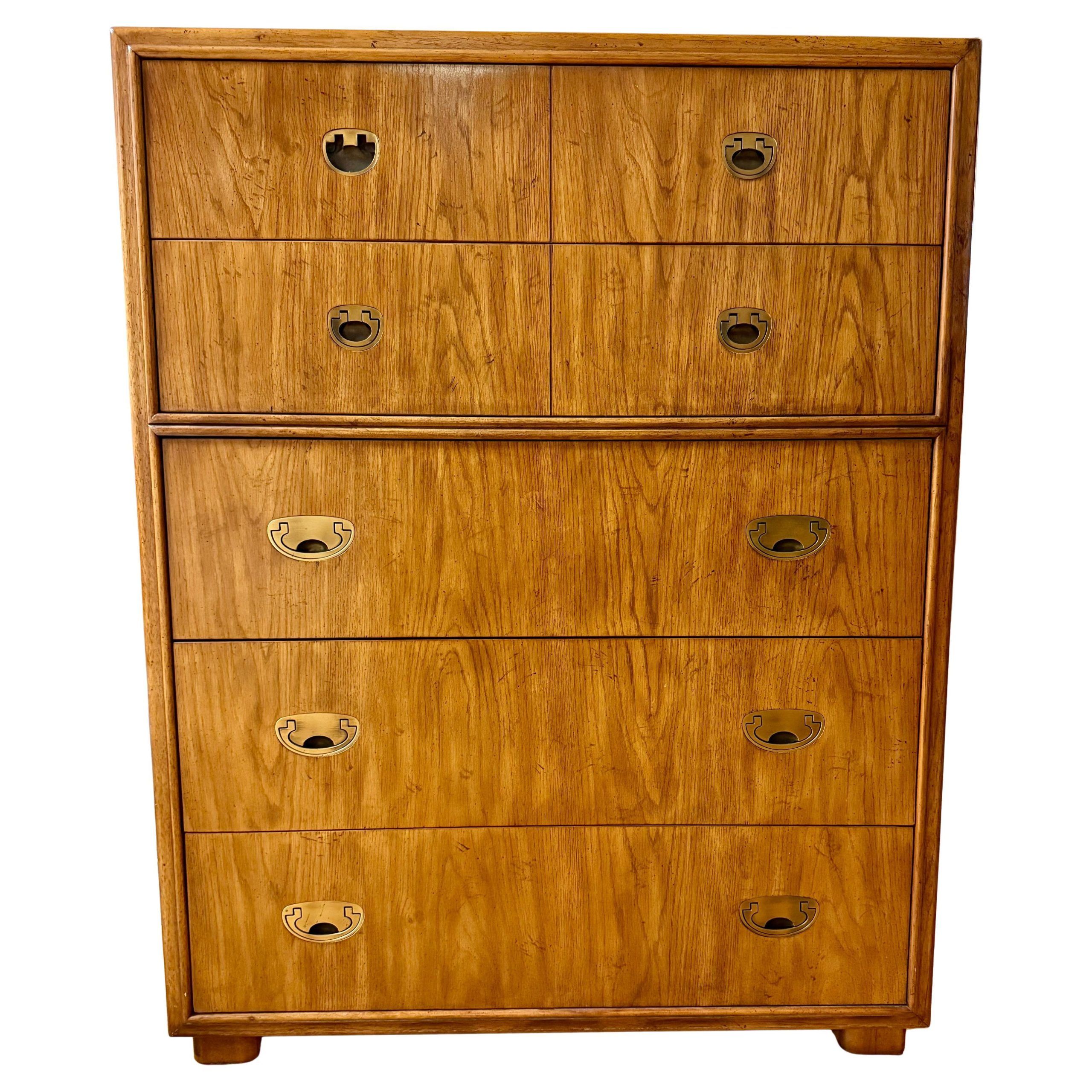 Drexel Signed Mid Century Modern Campaign Style Five Drawer Tall ... within Care tips and maintenance routines for preserving your Granville Parota dresser