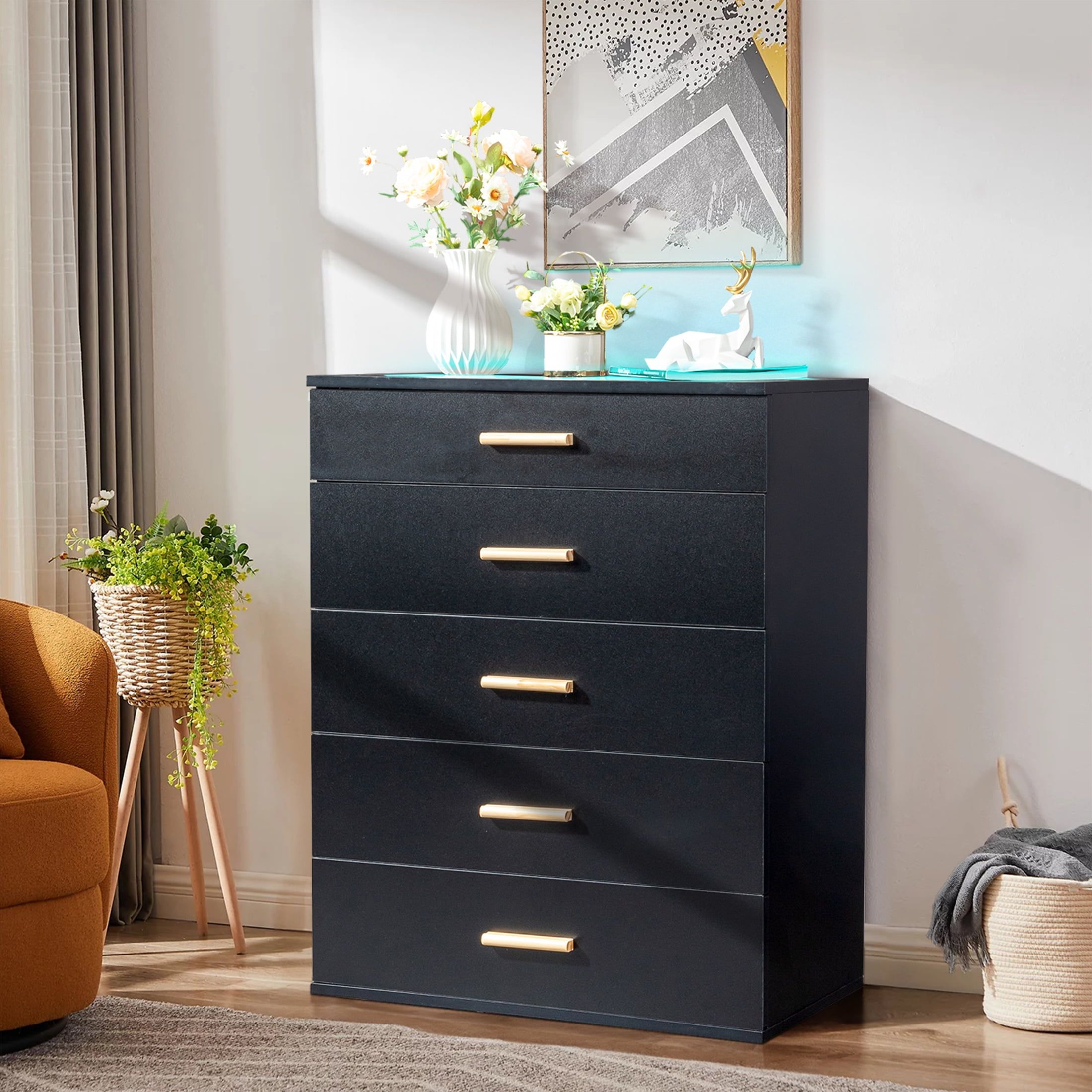 Hsunns Modern Black 5 Drawer Dresser With Jewelry Organizer, Remote And ... intended for Understanding the Versatility of Modern White and Black 5-Drawer Chest Solutions
